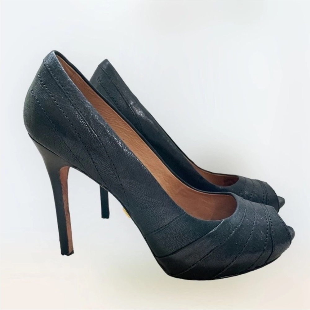 L.A.M.B. Tansy Vero Cuoio Italian Leather High Heel Peep Toe Pump Shoes Size 6.5